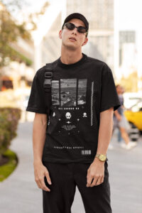 mockup of a serious tall man wearing a round neck tee on the street m25260